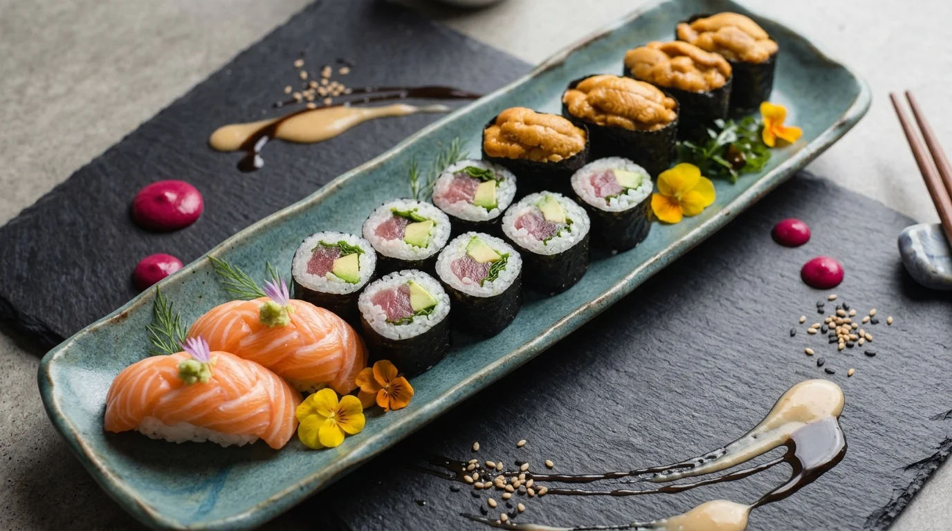 Selección de sushi con salmón, atún y erizo de mar, destacada en la lista de mejores restaurantes en Quito